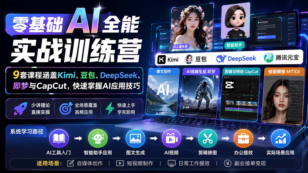 零基础AI全能实战训练营：9套课程涵盖Kimi、豆包、DeepSeek、即梦与CapCut，快速掌握AI应用技巧-藏宝阁