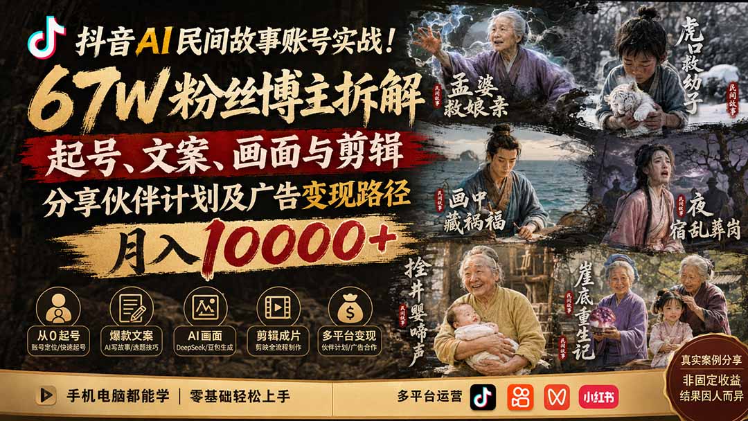 抖音AI民间故事账号实战！67W粉丝博主拆解起号、文案、画面与剪辑，分享伙伴计划及广告变现路径，月入10000+-藏宝阁