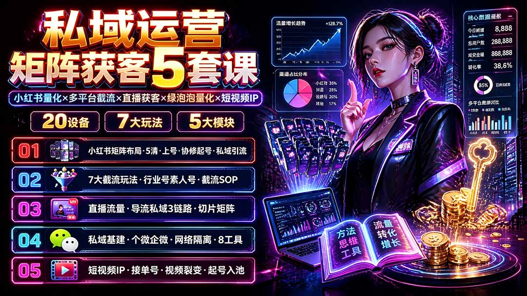 私域运营矩阵获客5套课：小红书量化×多平台截流×直播获客×绿泡泡量化×短视频IP×20设备×7大玩法-藏宝阁