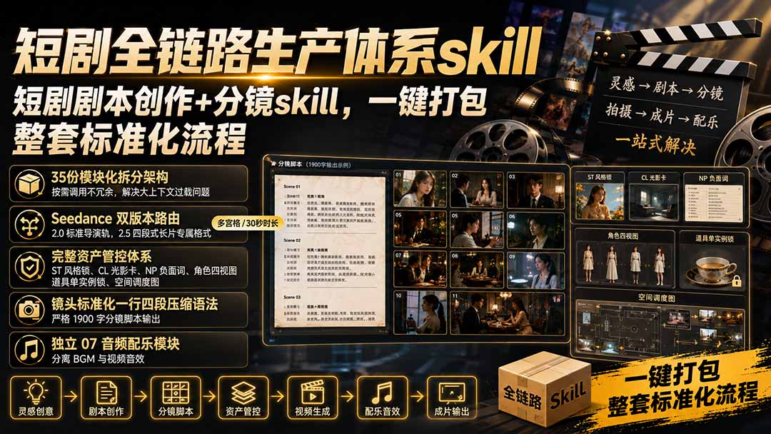 短剧全链路生产体系skill，短剧剧本创作+分镜skill，一键打包，整套标准化流程-藏宝阁