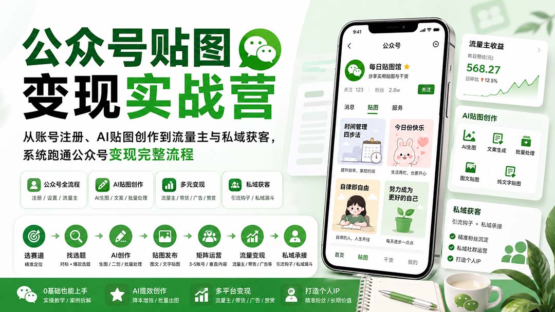 公众号贴图变现实战营：从账号注册、AI贴图创作到流量主与私域获客，系统跑通公众号变现完整流程-藏宝阁