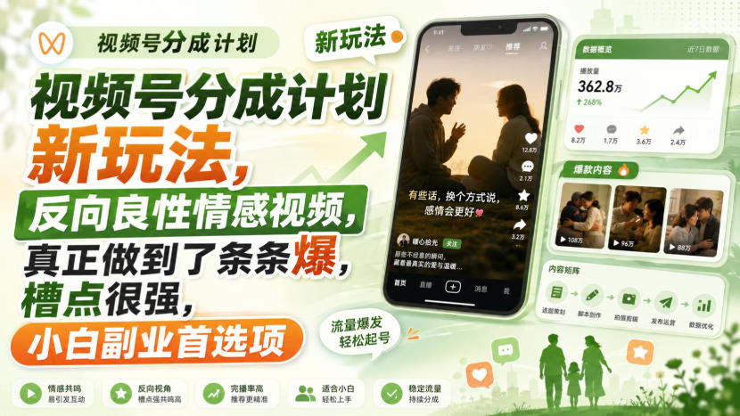 视频号分成计划新玩法，反向良性情感视频，真正做到了条条爆，槽点很强，小白副业首选项-藏宝阁