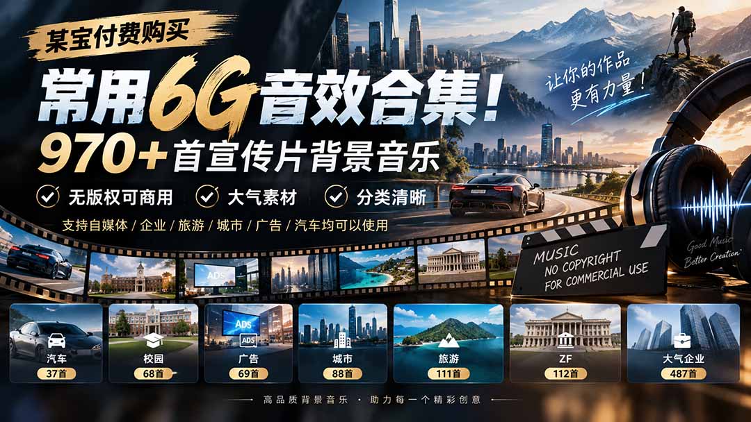 某宝付费购买，常用6G音效合集！970+首宣传片背景音乐，无版权可商用大气素材，分类清晰-藏宝阁