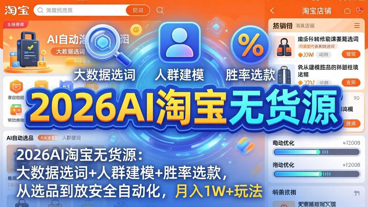 2026AI淘宝无货源：大数据选词+人群建模+胜率选款，从选品到放大全自动化，月入1W+玩法-藏宝阁