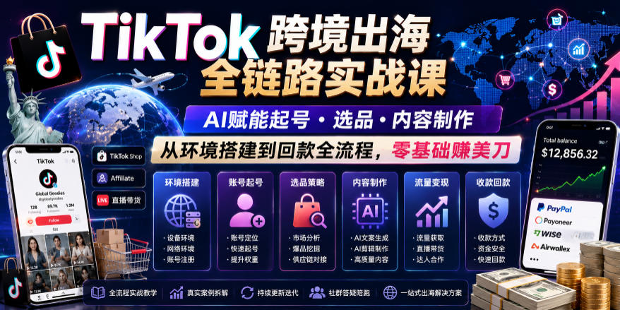 TikTok跨境出海全链路实战课，AI赋能起号・选品・内容制作，从环境搭建到回款全流程，零基础賺美刀-藏宝阁