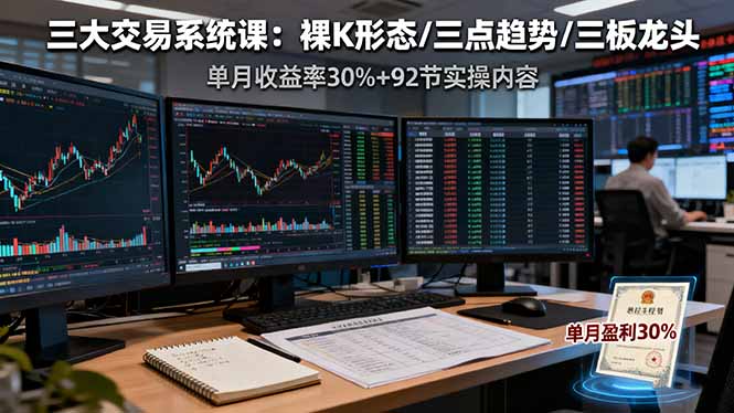 三大交易系统课：裸K形态/三点趋势/三板体系，单月收益率30%+92节实操内容-藏宝阁