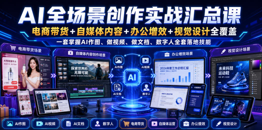 AI全场景创作实战汇总课｜电商带货+自媒体内容+办公增效+视觉设计全覆盖，一套掌握AI作图、做视频、做文档、数字人全套落地技能-藏宝阁