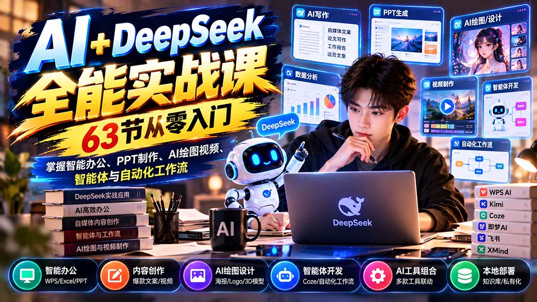 AI+DeepSeek全能实战课：63节从零入门，掌握智能办公、PPT制作、AI绘图视频、智能体与自动化工作流-藏宝阁