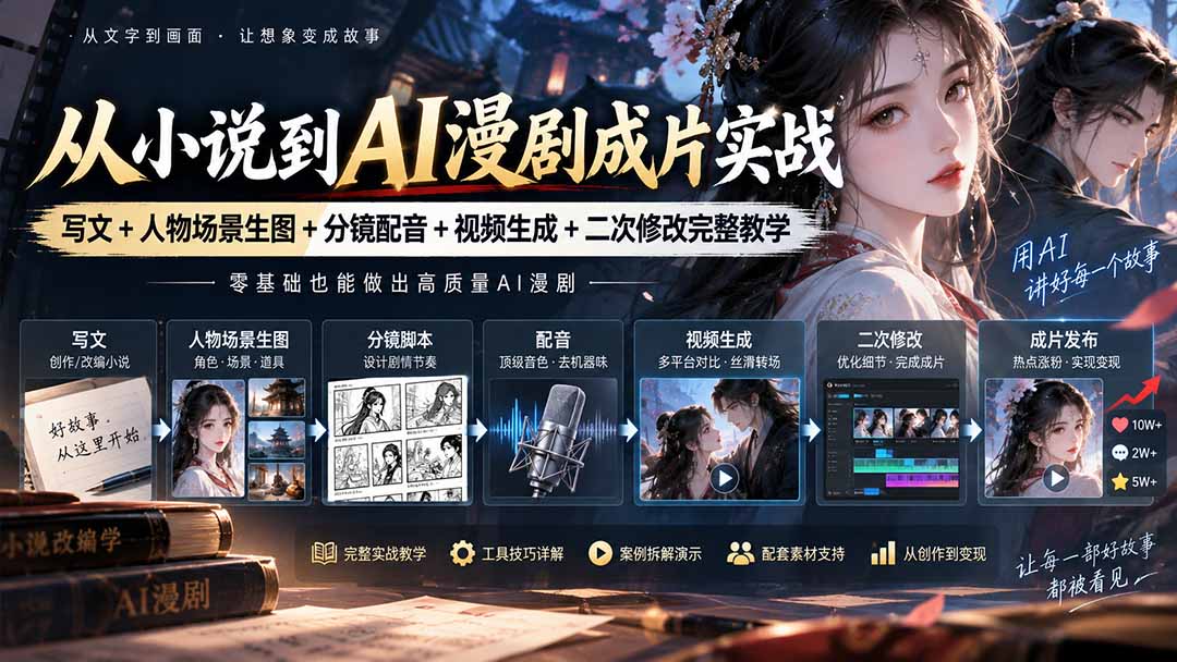 从小说到AI漫剧成片实战：写文+人物场景生图+分镜配音+视频生成+二次修改完整教学-藏宝阁
