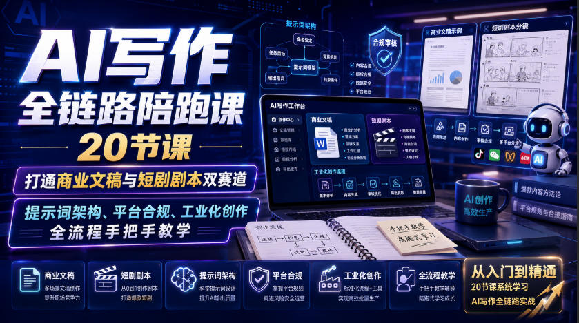 AI写作全链路陪跑课｜20节课打通商业文稿与短剧剧本双赛道，提示词架构、平台合规、工业化创作全流程手把手教学-藏宝阁