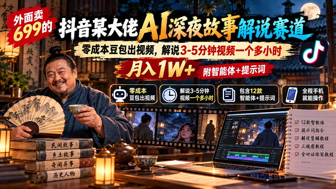 外面卖699的抖音某大佬AI深夜故事解说赛道：零成本豆包出视频，解说3-5分钟视频一个多小时，月入1W+附智能体+提示词-藏宝阁