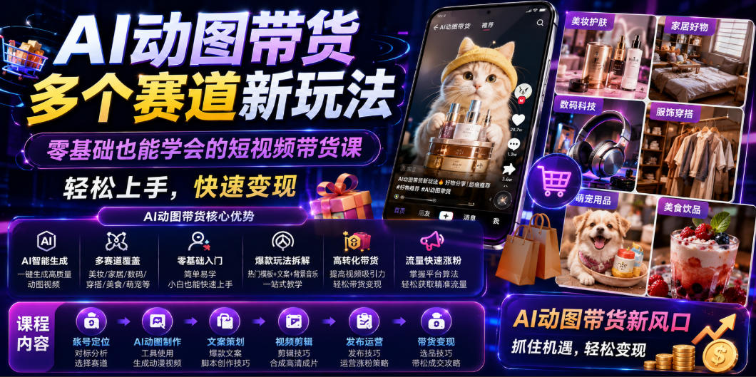 AI动图带货多个赛道新玩法，零基础也能学会的短视频带货课，轻松上手，快速变现-藏宝阁