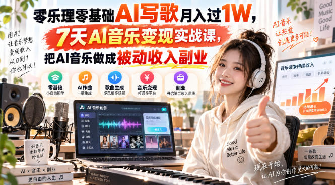 零乐理零基础AI写歌月入过1W，7天AI音乐变现实战课，把AI音乐做成被动收入副业-藏宝阁