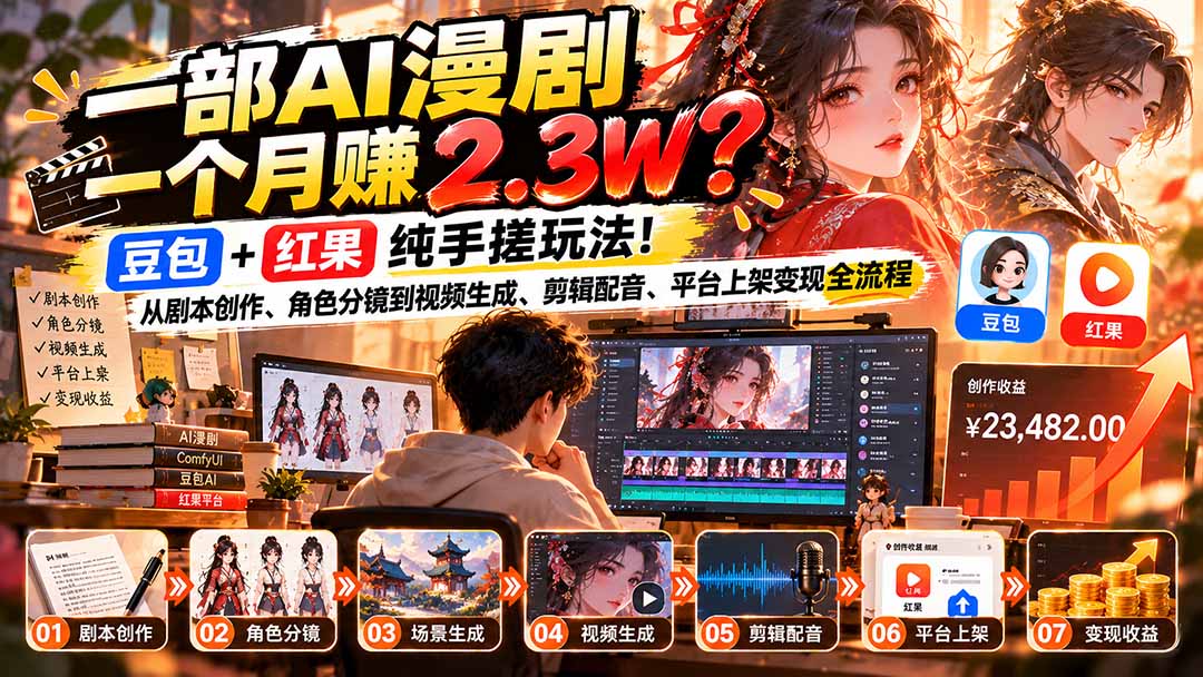 一部AI漫剧一个月赚2.3W？豆包+红果纯手搓玩法！从剧本创作、角色分镜到视频生成、剪辑配音、平台上架变现全流程-藏宝阁