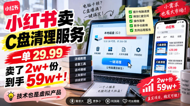 小红书卖C盘清理服务，一单29.99，卖了2w+份，技术也是虚拟产品-藏宝阁