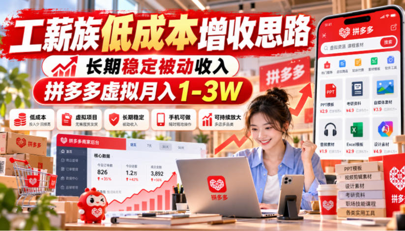 工薪族低成本增收思路，长期稳定被动收入，拼多多虚拟月入1-3W-藏宝阁