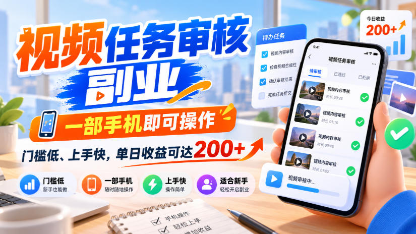 视频任务审核副业，一部手机即可操作，门槛低、上手快，单日收益可达200+【揭秘】-藏宝阁