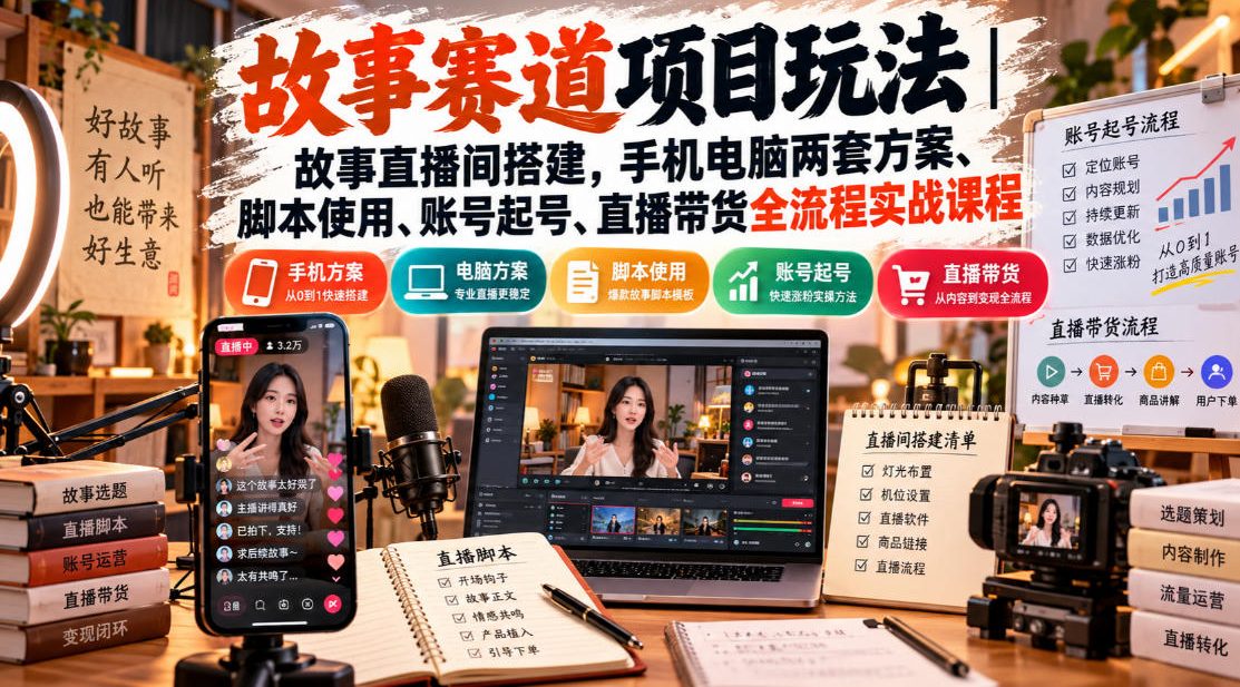故事赛道项目玩法｜故事直播间搭建，手机电脑两套方案、脚本使用、账号起号、直播带货全流程实战课程-藏宝阁
