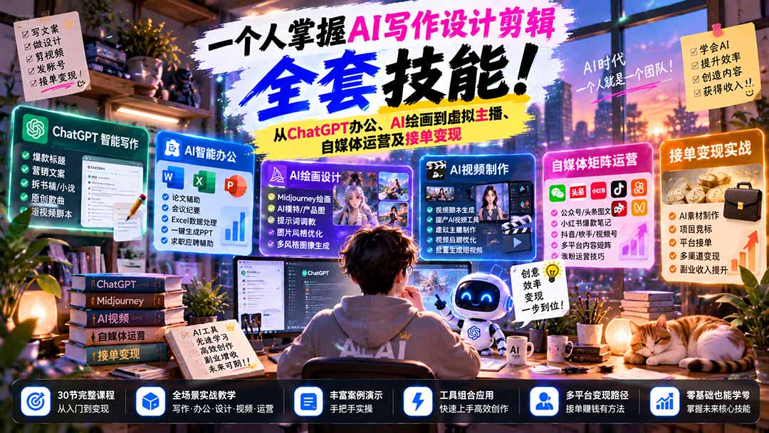 一个人掌握AI写作设计剪辑全套技能：从ChatGPT办公、AI绘画到虚拟主播、自媒体运营及接单变现-藏宝阁