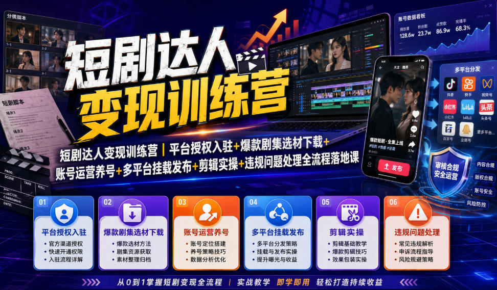 短剧达人变现训练营｜平台授权入驻+爆款剧集选材下载+账号运营养号+多平台挂载发布+剪辑实操+违规问题处理全流程落地课-藏宝阁