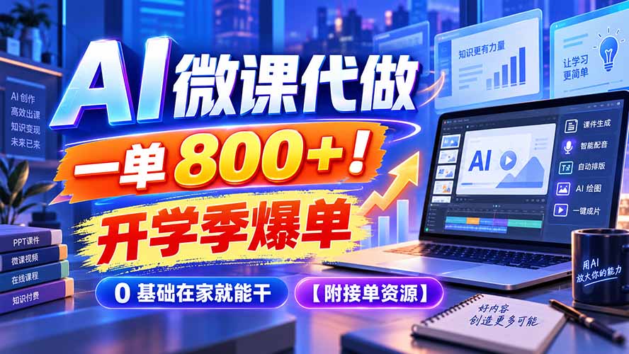 AI 微课代做，一单 800+！开学季爆单，0 基础在家就能干【附接单资源】-藏宝阁