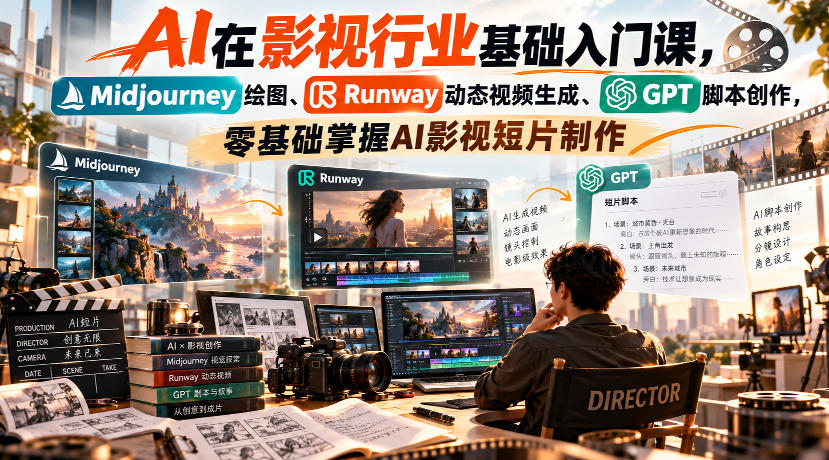 【无水印】AI在影视行业基础入门课，Midjourney绘图、Runway动态视频生成、GPT脚本创作，零基础掌握AI影视短片制作-藏宝阁