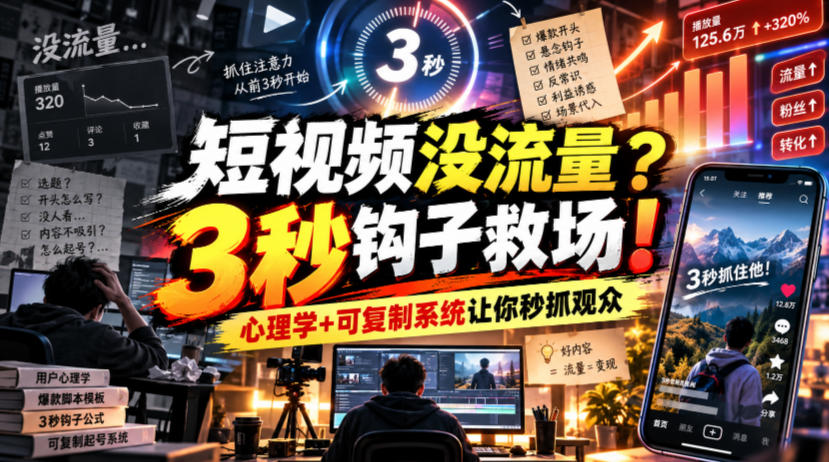 【无水印】短视频没流量？3秒钩子救场！心理学+可复制系统让你秒抓观众【原创双语字幕】-藏宝阁