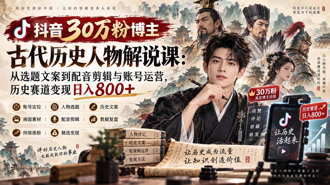 抖音30万粉博主古代历史人物解说课：从选题文案到配音剪辑与账号运营，历史赛道变现日入800+-藏宝阁