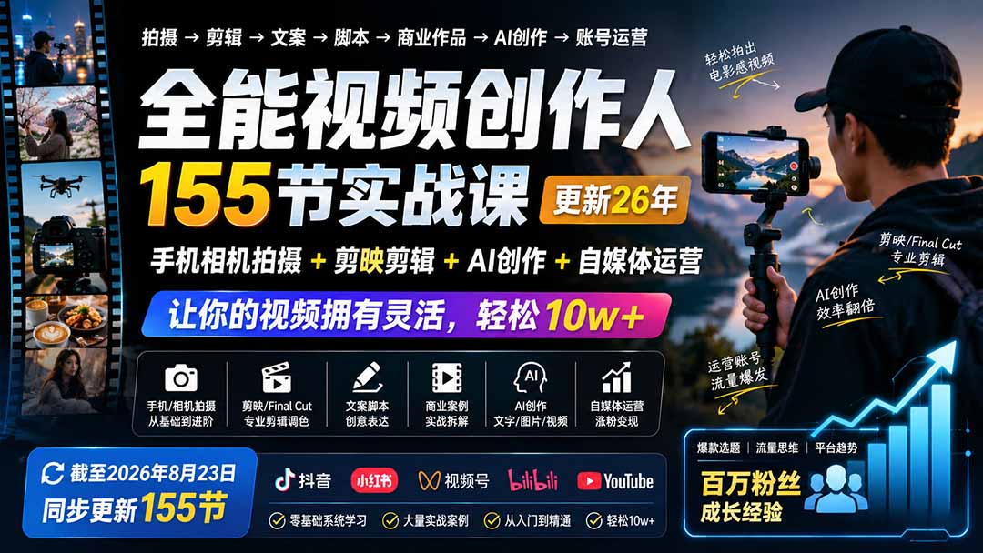 全能视频创作人155节实战课-更新26年8月：手机相机拍摄+剪映剪辑+AI创作+自媒体运营，让你的视频拥有灵活，轻松10w-藏宝阁