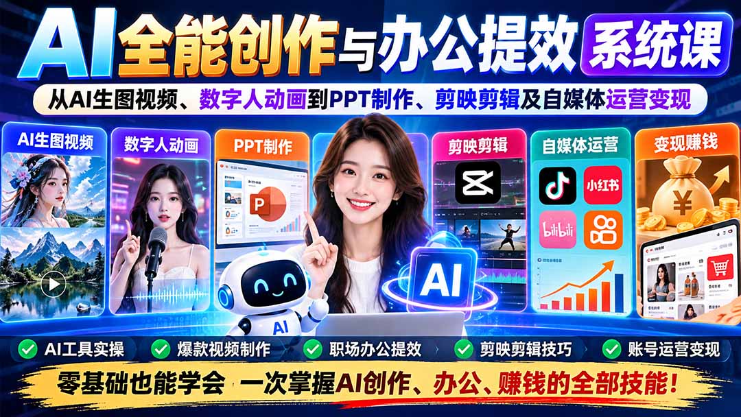 AI全能创作与办公提效系统课：从AI生图视频、数字人动画到PPT制作、剪映剪辑及自媒体运营变现-藏宝阁