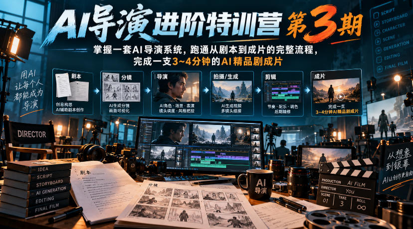 AI导演进阶特训营第3期，掌握一套AI导演系统，跑通从剧本到成片的完整流程，完成一支3~4分钟的AI精品剧成片(附1、2期)-藏宝阁