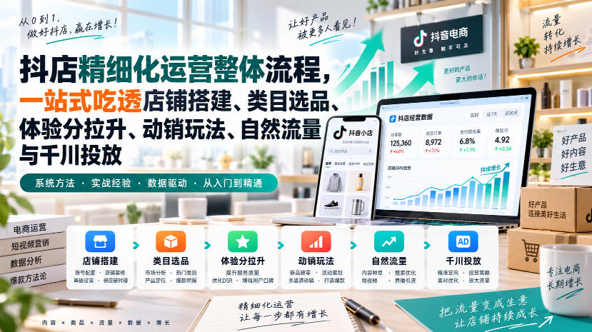 李哥电商-抖店精细化运营整体流程，一站式吃透店铺搭建、类目选品、体验分拉升、动销玩法、自然流量与千川投放-藏宝阁