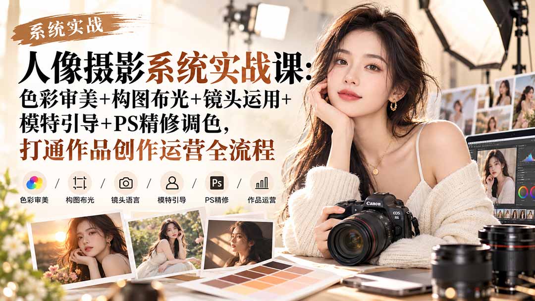 【无水印】人像摄影系统实战课：色彩审美+构图布光+镜头运用+模特引导+PS精修调色，打通作品创作运营全流程-藏宝阁