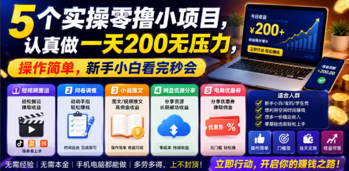 5个实操零撸小项目，认真做一天200无压力，操作简单，新手小白看完秒会【揭秘】-藏宝阁