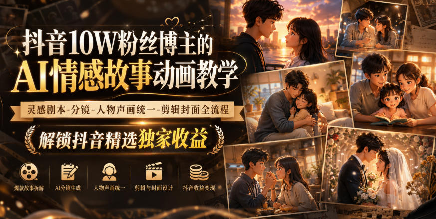 抖音10W粉丝博主的AI情感故事动画教学，灵感剧本‑分镜‑人物声画统一‑剪辑封面全流程，解锁抖音精选独家收益-藏宝阁