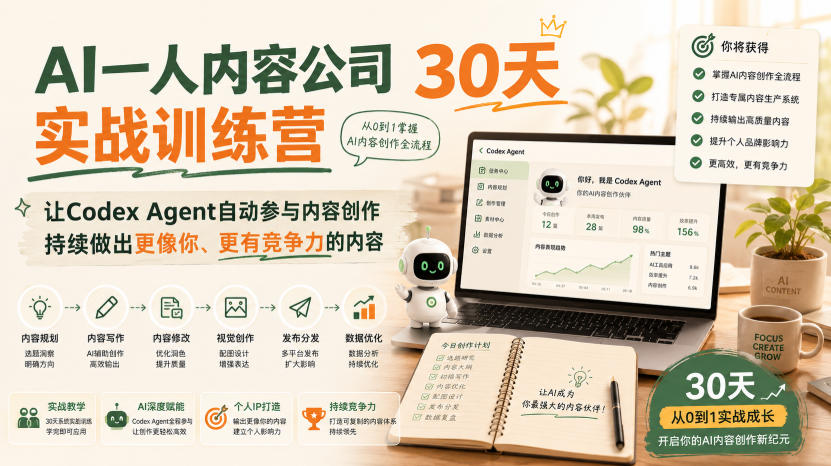 AI一人内容公司30天实战训练营，让Codex Agent自动参与内容创作持续做出更像你、更有竞争力的内容-藏宝阁