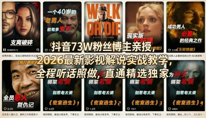 抖音73W粉丝博主亲授，2026最新影视解说实战教学，全程听话照做，直通精选独家-藏宝阁