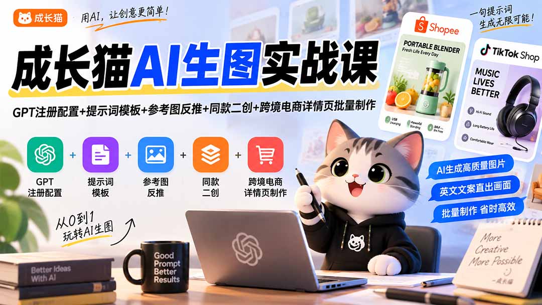 成长猫AI生图实战课｜GPT注册配置+提示词模板+参考图反推+同款二创+跨境电商详情页批量制作-藏宝阁