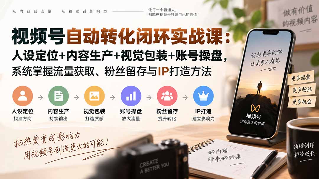 视频号自动转化闭环实战课：人设定位+内容生产+视觉包装+账号操盘，系统掌握流量获取、粉丝留存与IP打造方法-藏宝阁