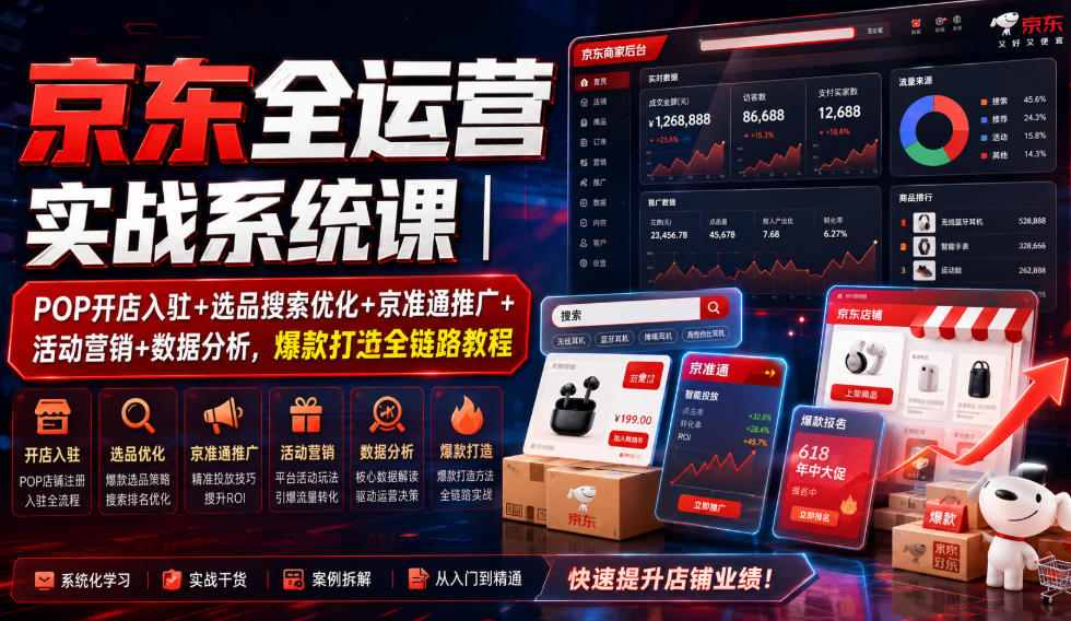 京东全运营实战系统课｜POP开店入驻+选品搜索优化+京准通推广+活动营销+数据分析，爆款打造全链路教程-藏宝阁
