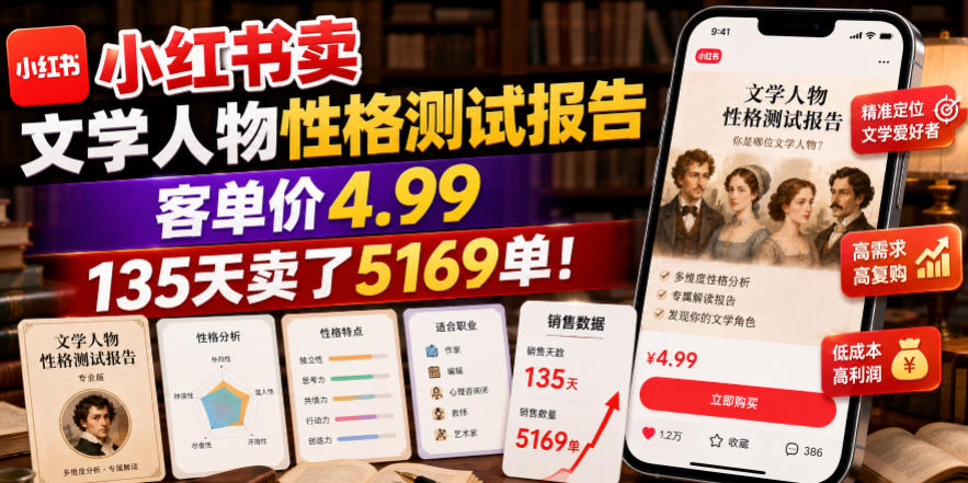 小红书卖文学人物性格测试报告，客单价4.99，135天卖了5169单！-藏宝阁