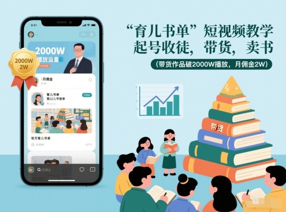 育儿书单短视频教学，起号收徒，带货，卖书(带货作品破2000W播放，月佣金2W)-藏宝阁