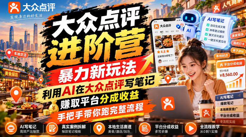 大众点评进阶营，暴力新玩法，利用AI在大众点评写笔记， 賺取平台分成收益，手把手带你跑完整流程-藏宝阁
