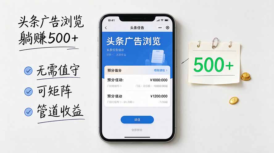 头条广告浏览躺赚500+无需值守，可矩阵并附有管道收益-藏宝阁