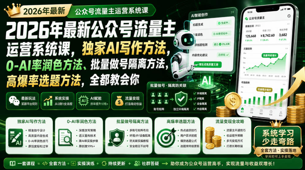 2026年最新公众号流量主运营系统课，独家AI写作方法，0-AI率润色方法、批量做号隔离方法、高爆率选题方法，全都教会你-藏宝阁