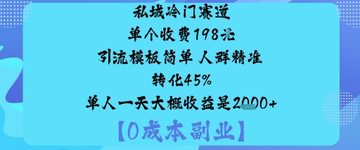 私域冷门赛道:单个收费198米引流模板简单人群精准转化45%单人一天大概收益是1k+-藏宝阁