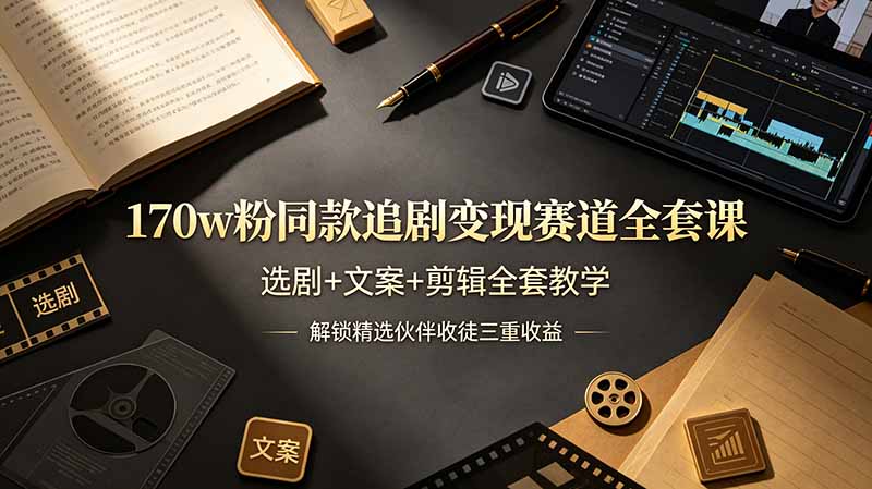170w粉博主同款追剧变现赛道全套课，选剧+文案+剪辑全套教学，解锁精选伙伴收徒三重收益-藏宝阁