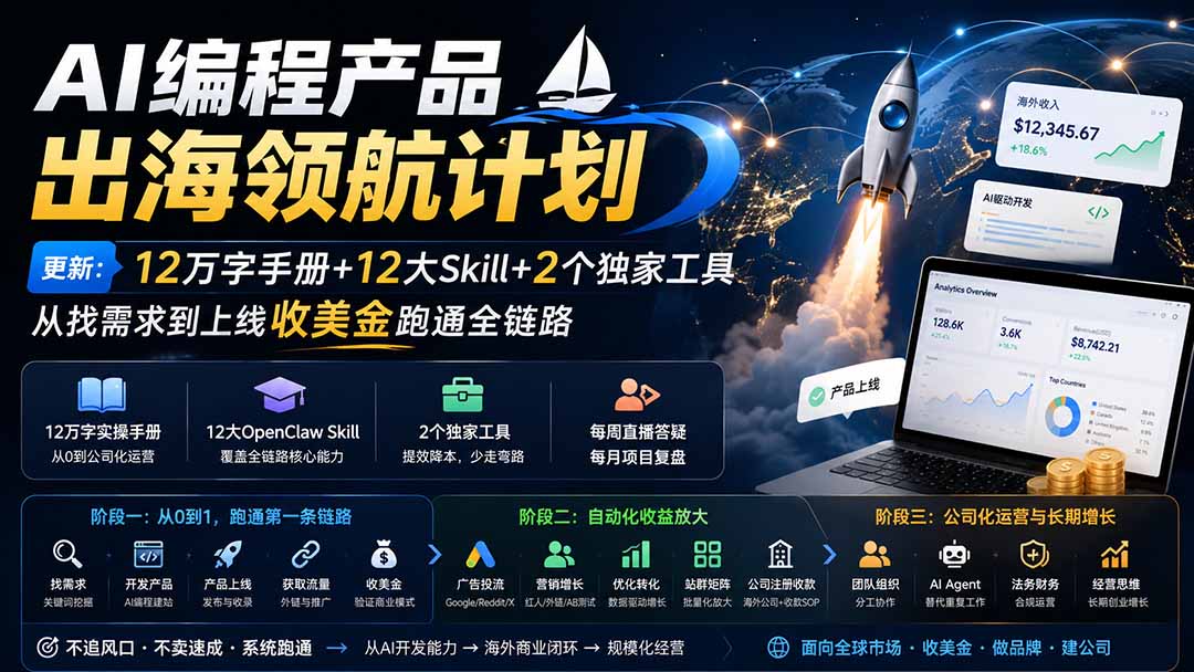 AI编程产品出海领航计划-更新：12万字手册+12大Skill+2个独家工具，从找需求到上线收美金跑通全链路-藏宝阁