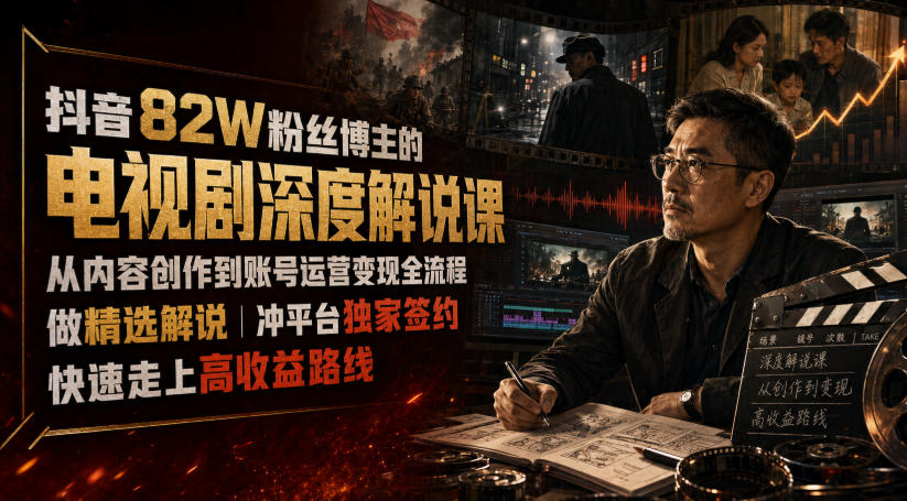 抖音82W粉丝博主的电视剧深度解说课，从内容创作到账号运营变现全流程，做精选解说，冲平台独家签约，快速走上高收益路线-藏宝阁