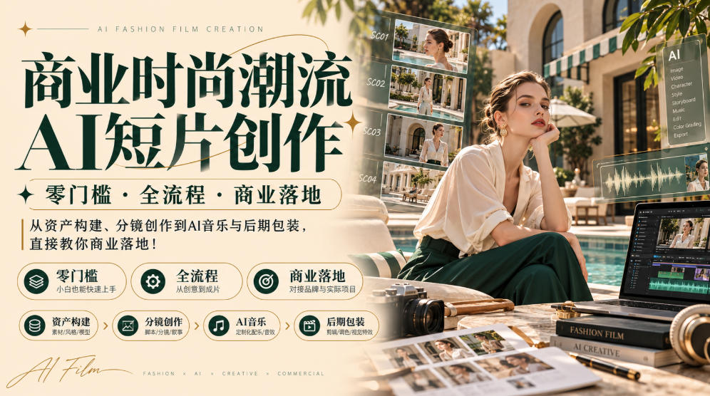 商业时尚潮流AI短片创作｜零门槛・全流程・商业落地，从资产构建、分镜创作到AI音乐与后期包装，直接教你商业落地！-藏宝阁